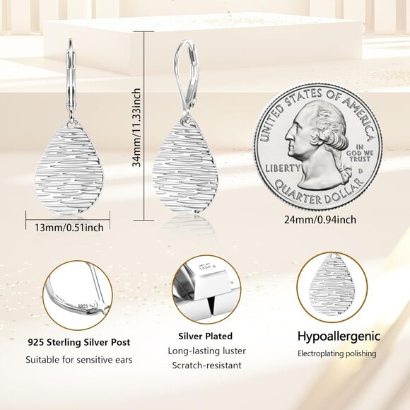 Sterling Silver Teardrop Hammered Leverback Dangle Earrings for Women - Picture 3 of 6